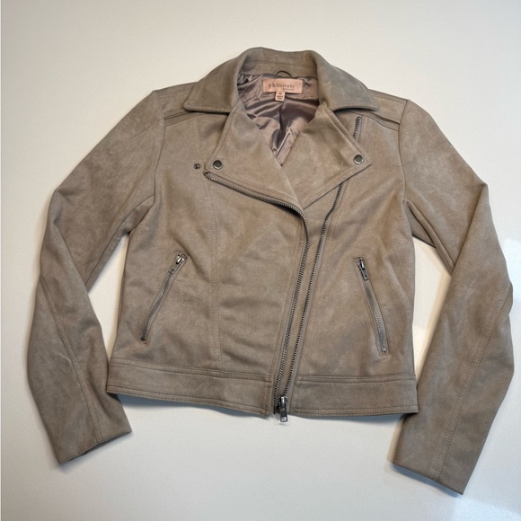 PHILOSOPHY Faux Leather/Suede Zip Up Moto Bomber Jacket Size XS in Taupe - Picture 4 of 15